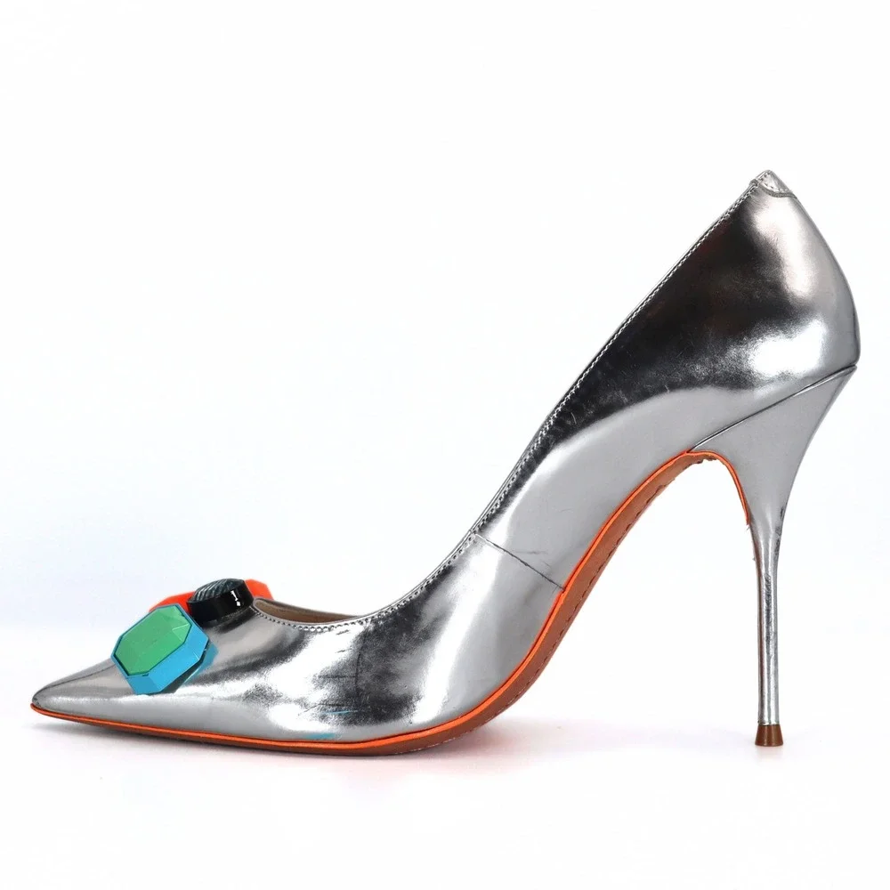Sophia Webster Pumps Womens 40 Silver Metallic Crystal Stiletto Party Heel Retro